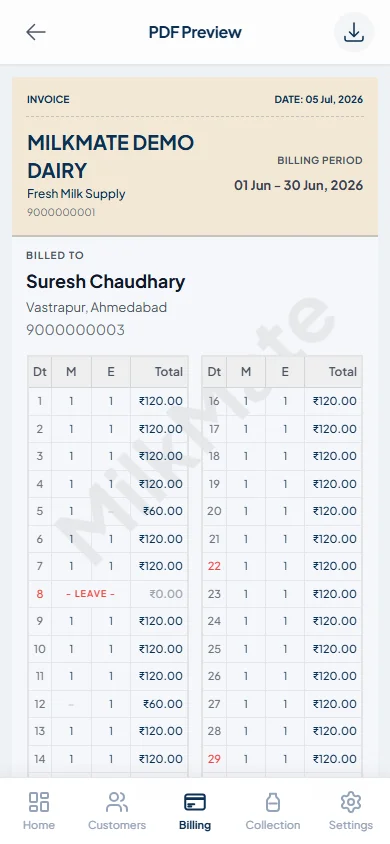 MilkMate sharing a milk bill PDF directly to WhatsApp