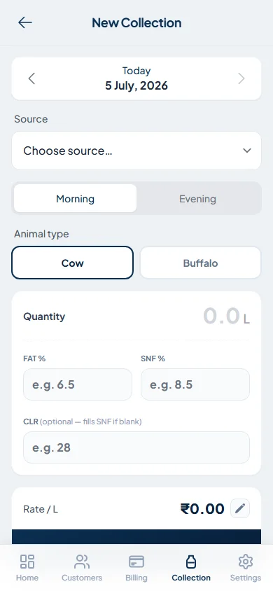 MilkMate milk collection app showing FAT and SNF entry with instant rate calculation